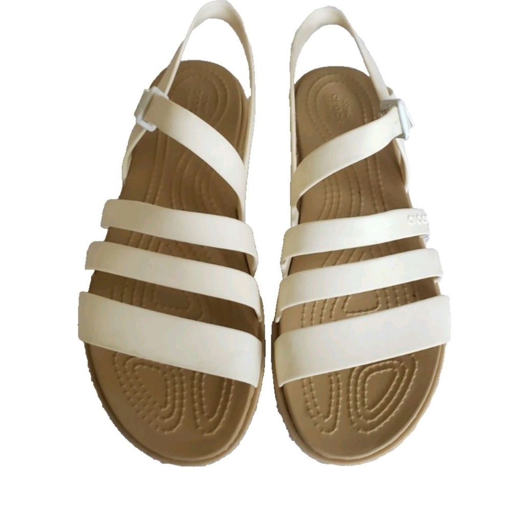 Crocs Tulum Sandals Womens Sz 8 Oyster Flats Cream Strappy Buckle Iconic Comfort
